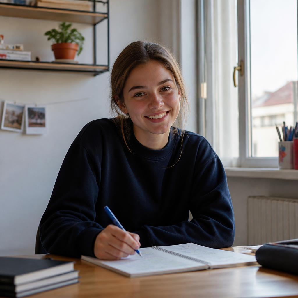 Studentka při psaní do sešitu u okna