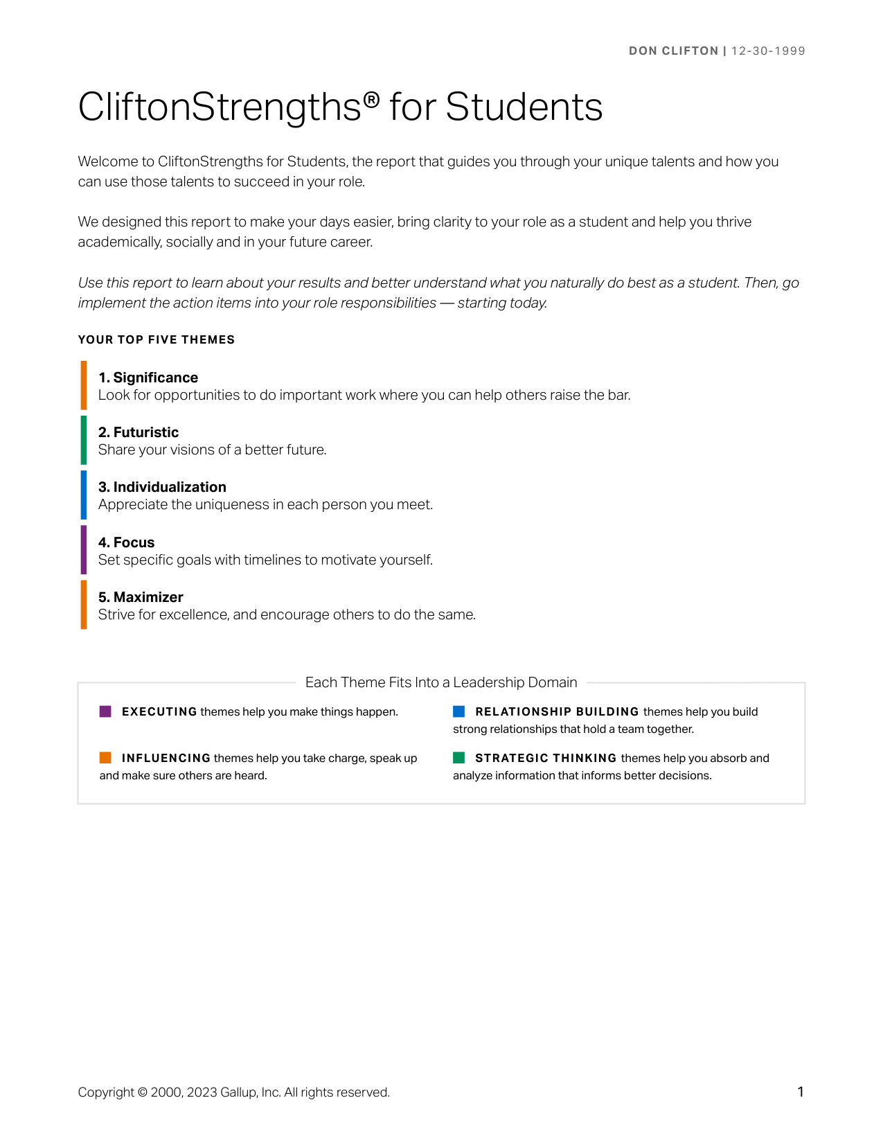 Ukázka strany 1 reportu CliftonStrengths for Students