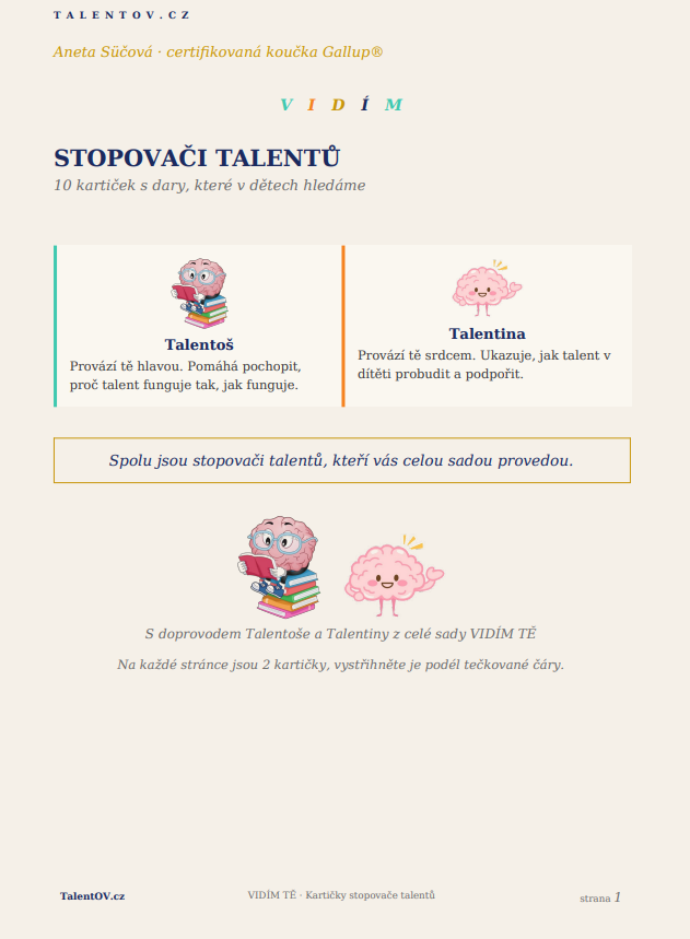 Ukázka stránky ze sady Vidím Tě: kartičky stopovačů talentů Talentoš a Talentina