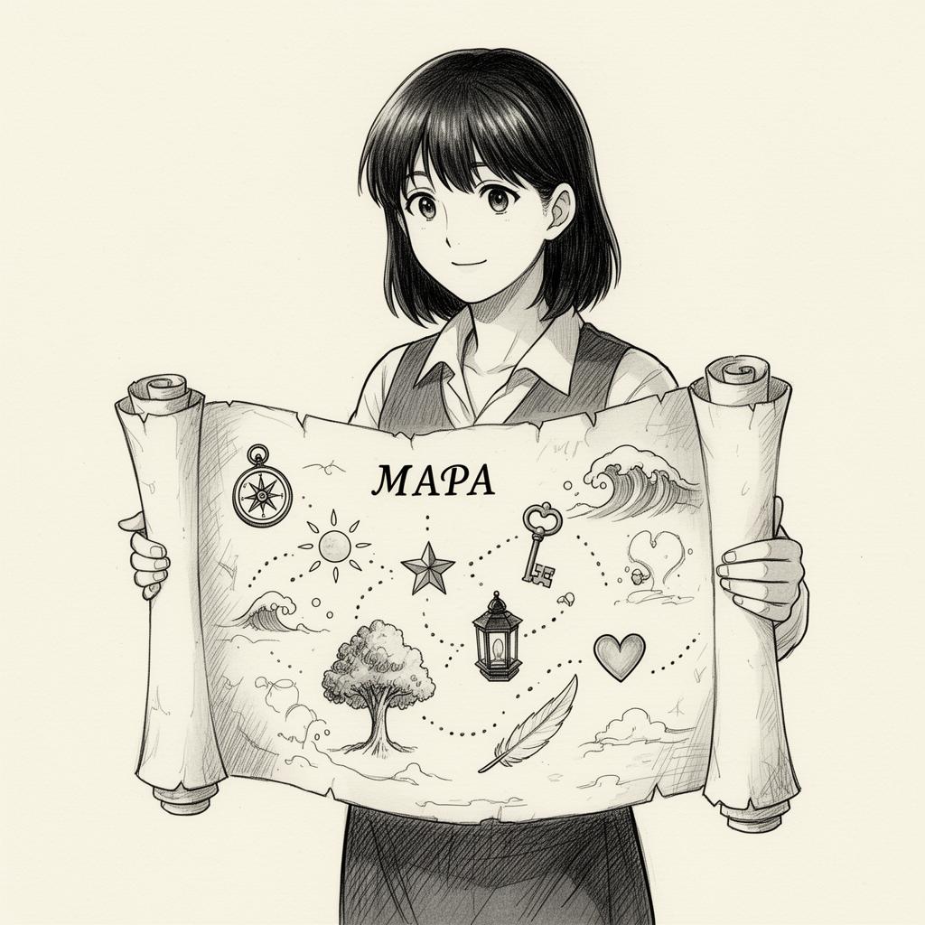 Manga ilustrace průvodkyně držící v rukou rozvinutý svitek MAPA Génia™ se symboly talentů