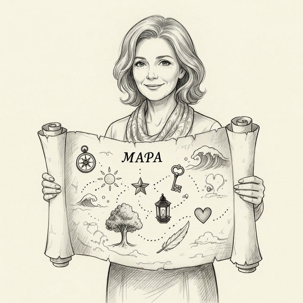 Manga ilustrace zralé ženy držící rozvinutý svitek MAPA Génia™ se symboly talentů