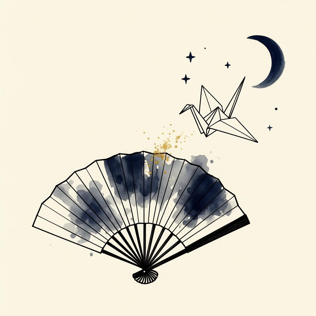 Manga ilustrace japonského vějíře s origami jeřábem letícím k měsíci