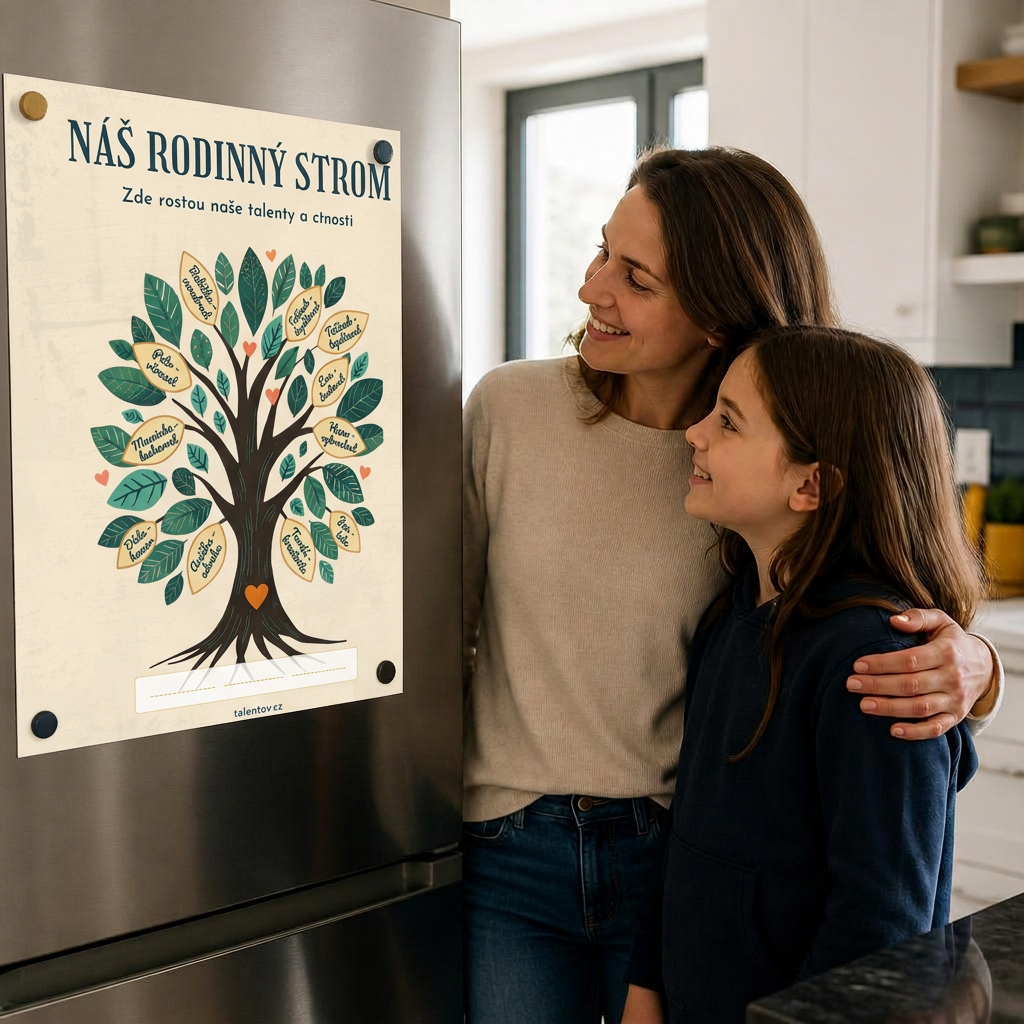 Talentový strom rodiny, ručně malovaný strom s lístky talentů